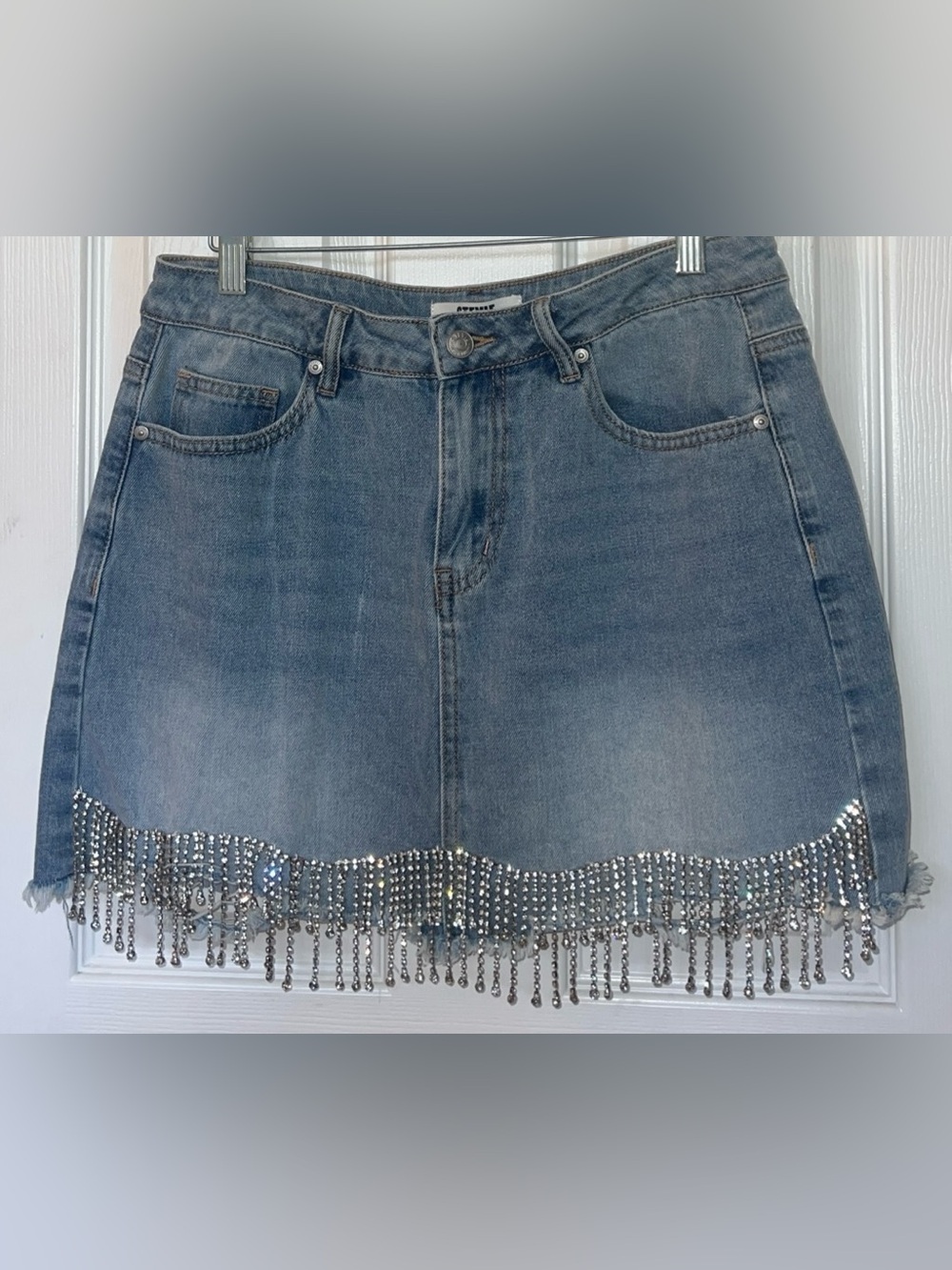 Stevie Steve Madden Denim Mini Skirt with Silver Rhinestone Fringes Women Sz M
